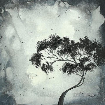  Black Oil Painting - black and white tree and birds